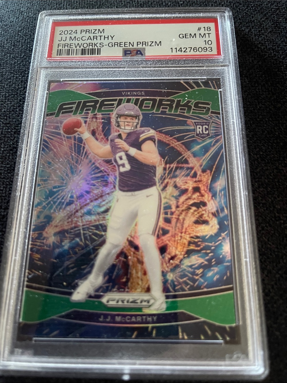 2024 Prizm JJ McCarthy Fireworks Green Prizm Rookie Card (PSA 10)